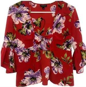 TOPSHOP | Red Floral Open Blouse